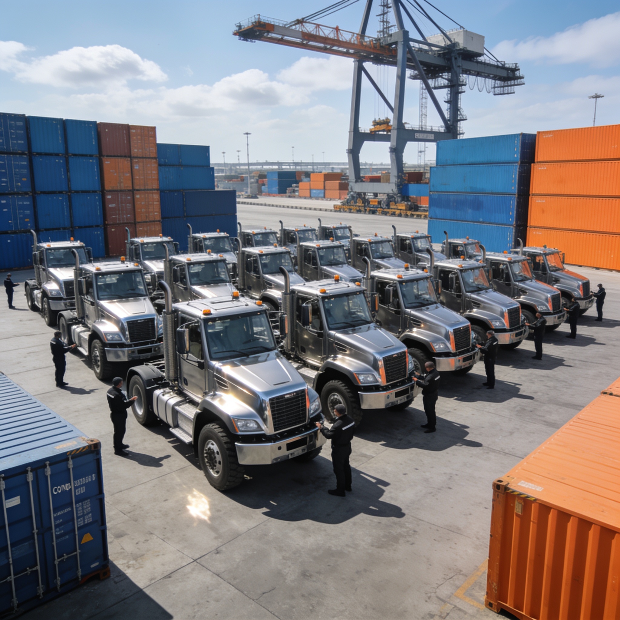 Create an editorial news illustration for an article about 'Congo Terminal renforce sa logistique avec 22 tracteurs portuaires de pointe'. The specific country is CG (CG); make visual cues accurate to this exact country and avoid flags or symbols of