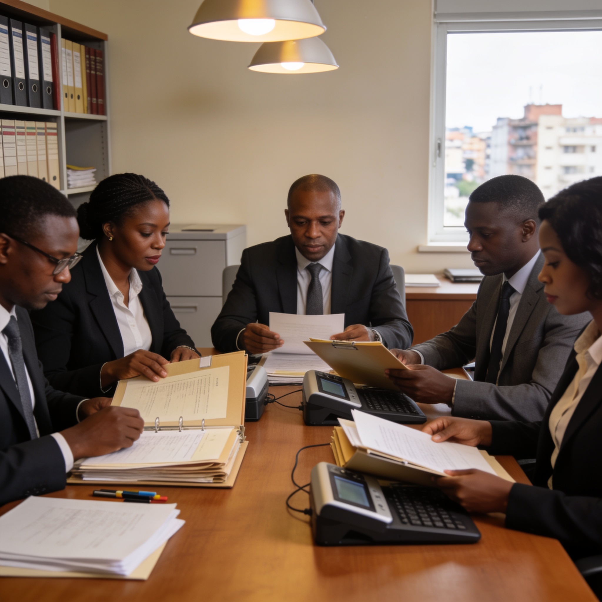 Create an editorial news illustration for an article about 'Congo : une formation édificatrice sur le métier d’archiviste à Brazzaville'. The specific country is CG (CG); make visual cues accurate to this exact country and avoid flags or symbols of s
