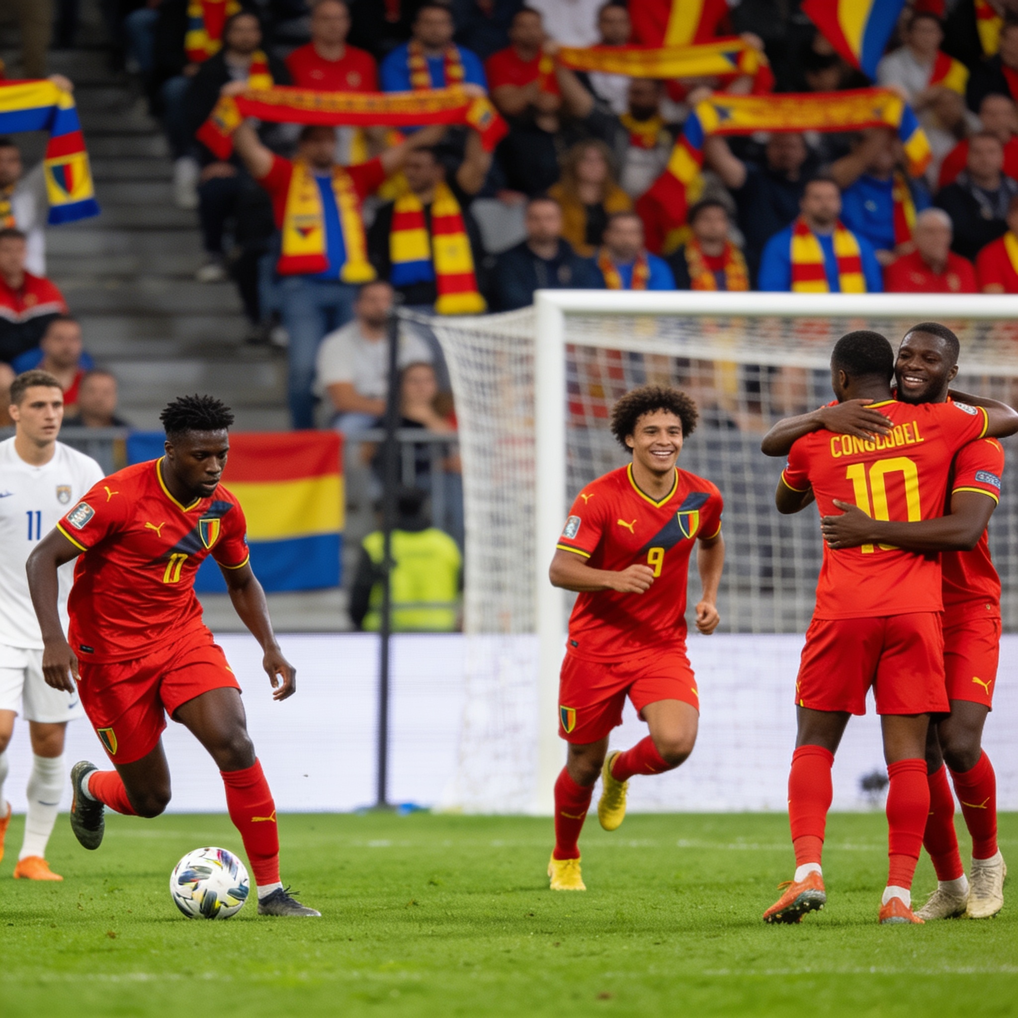 Create an editorial news illustration for an article about 'Football : Les Diables rouges et la diaspora congolaise brillent en Europe ce week-end'. The specific country is Republiqe du Congo (CG); make visual cues accurate to this exact country and