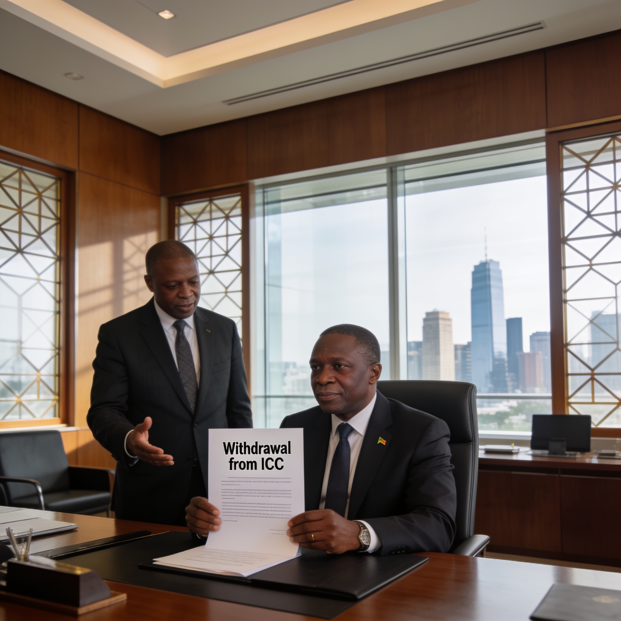 Create an editorial news illustration for an article about 'Le Tchad se retire de la CPI : un coup dur pour la justice internationale en Afrique'. The specific country is Republiqe du Congo (CG); make visual cues accurate to this exact country and av