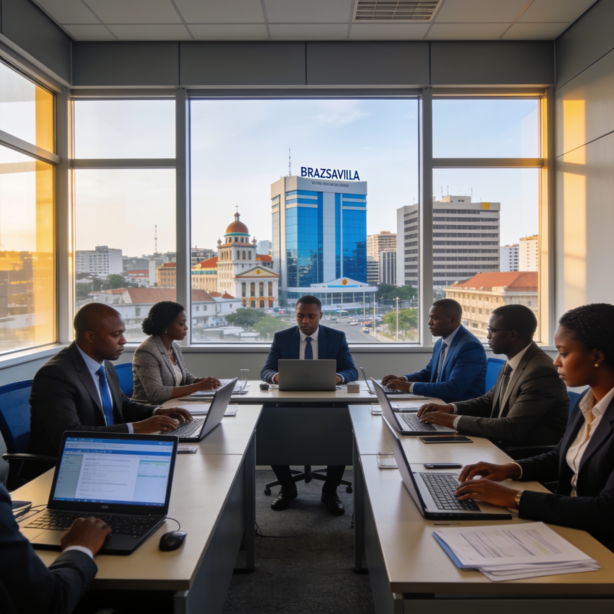Create an editorial news illustration for an article about 'Modernisation de l’administration publique : le gouvernement congolais renforce son engagement'. The specific country is Republiqe du Congo (CG); make visual cues accurate to this exact coun