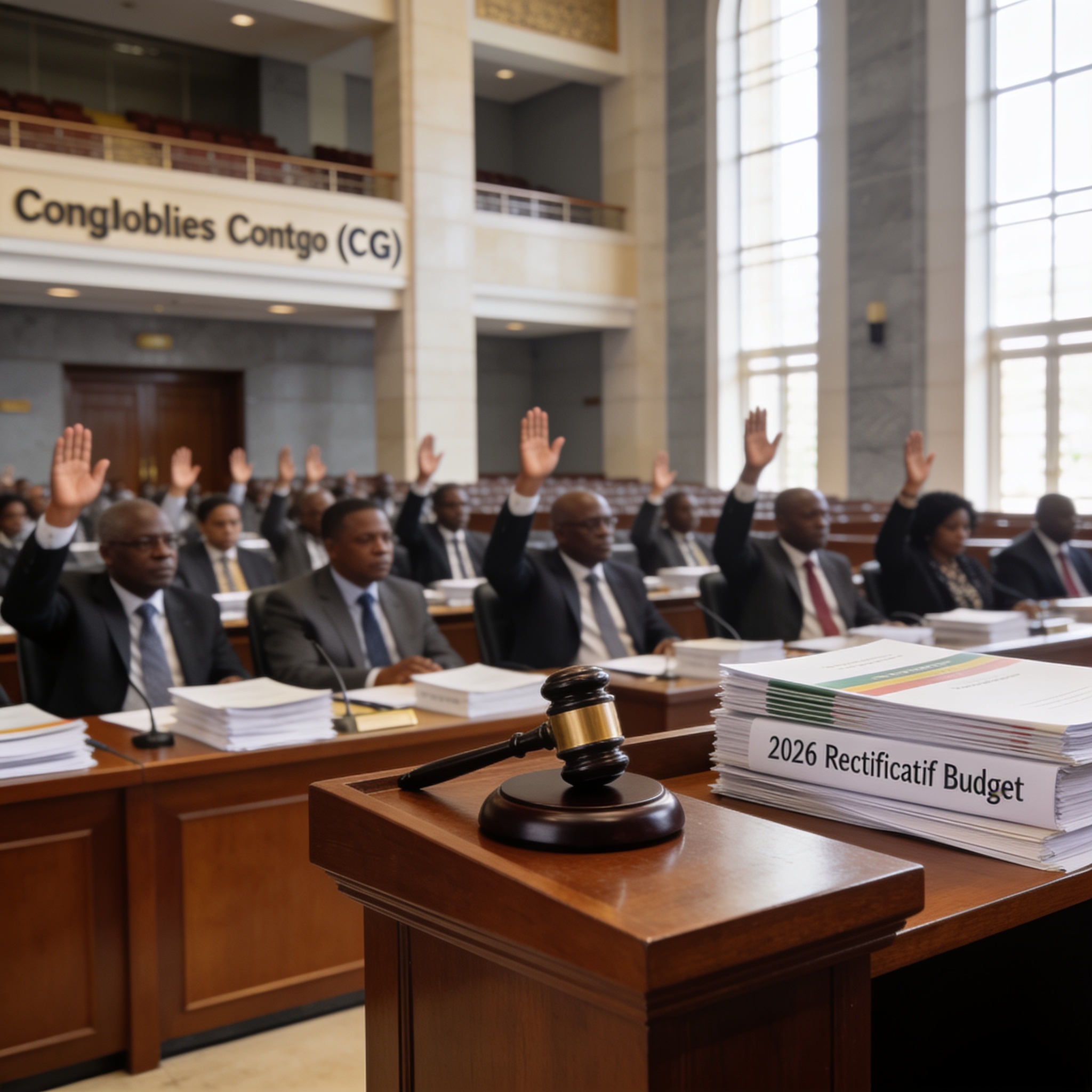 Create an editorial news illustration for an article about 'Parlement congolais : adoption unanime du budget rectificatif 2026, excédent de 216,9 milliards FCFA'. The specific country is Republiqe du Congo (CG); make visual cues accurate to this exac